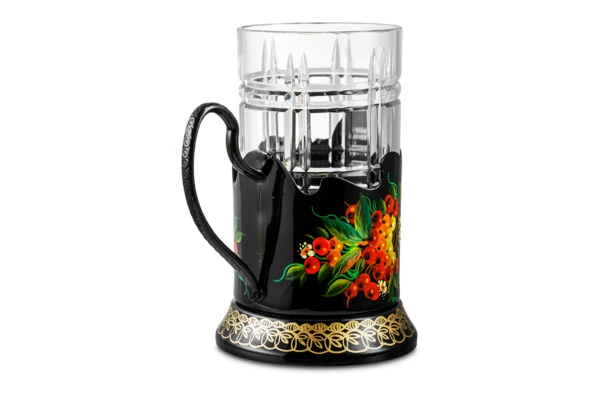 Стакан с подстаканником и росписью Тагильский поднос Рябина/Цветы 10х7 см, латунь, черный