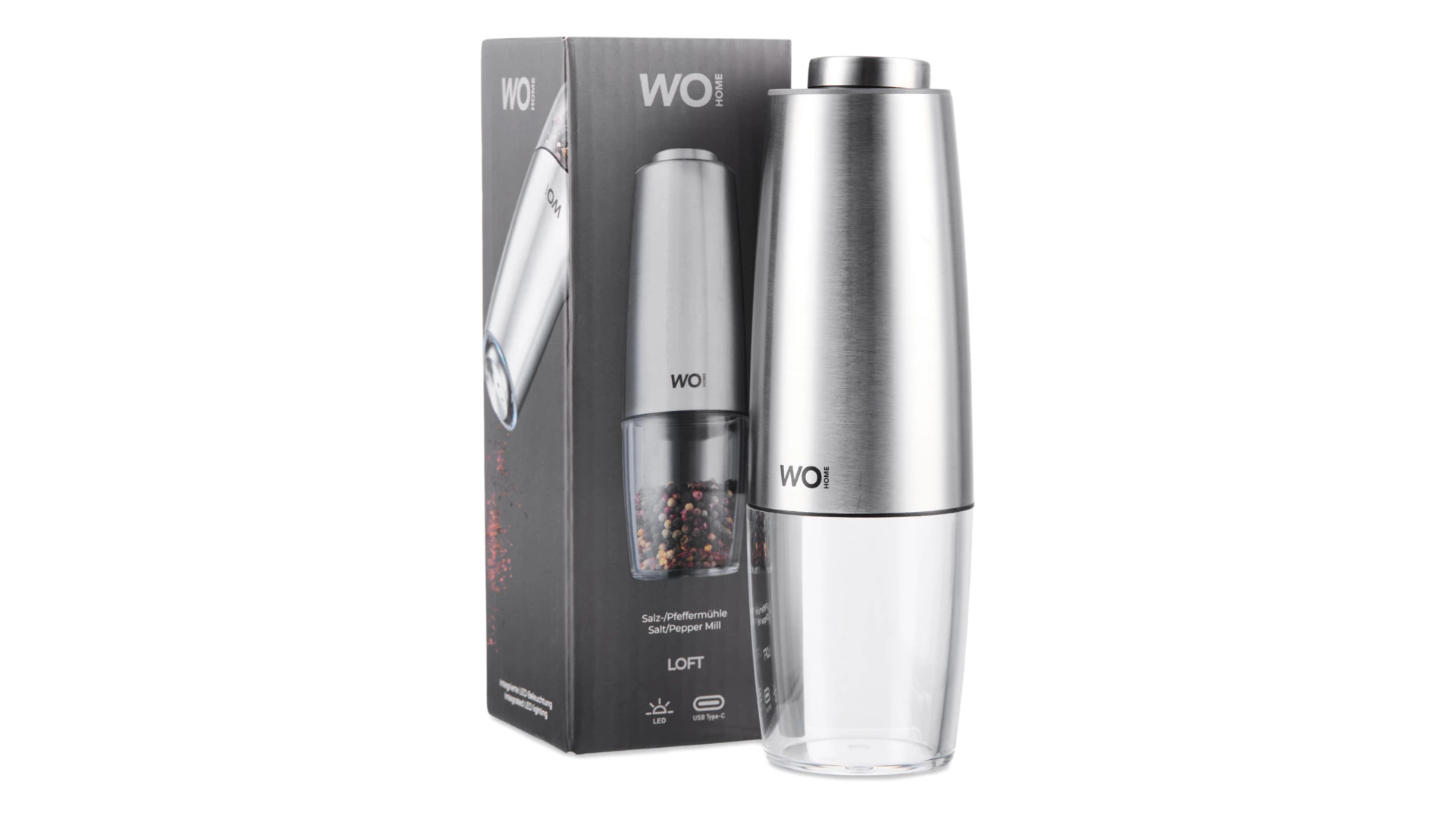 Мельница электрическая для соли и перца WO HOME Loft 19,5 см, подсветка, зарядка USB, п/к