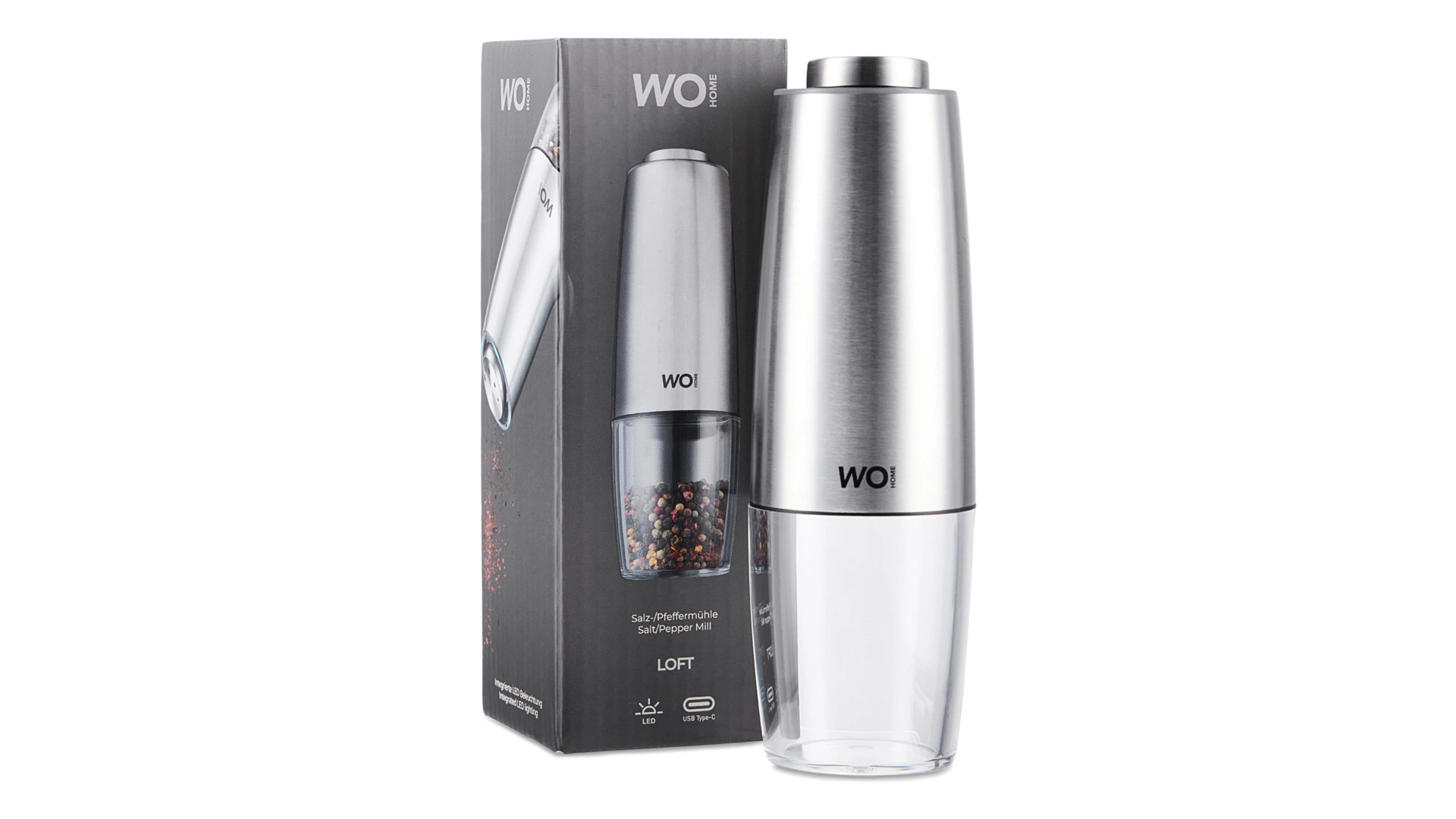 Мельница электрическая для соли и перца WO HOME Loft 19,5 см, подсветка, зарядка USB, п/к