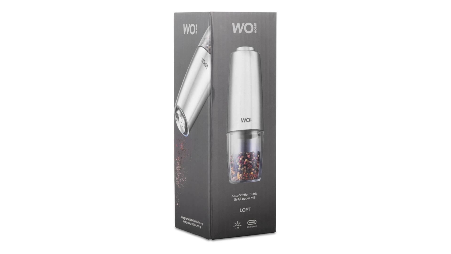 Мельница электрическая для соли и перца WO HOME Loft 19,5 см, подсветка, зарядка USB, п/к