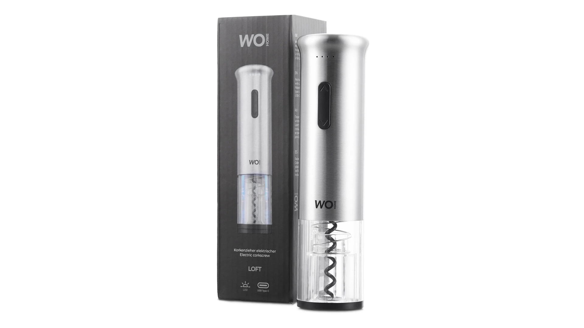 Штопор электрический WO HOME Loft, 19 см, зарядка USB, п/к