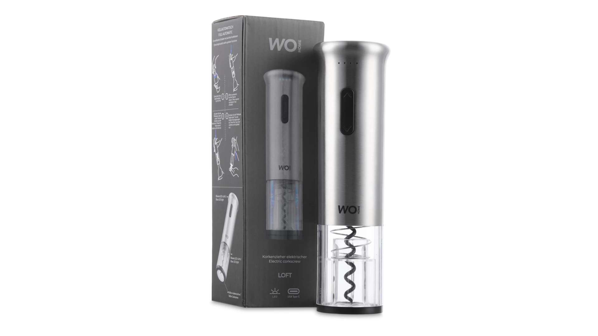 Штопор электрический WO HOME Loft, 19 см, зарядка USB, п/к