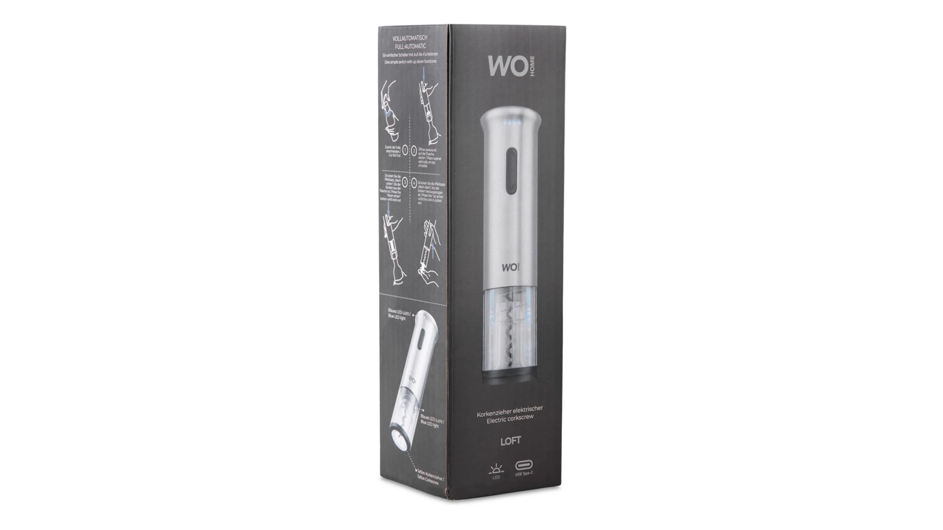 Штопор электрический WO HOME Loft, 19 см, зарядка USB, п/к