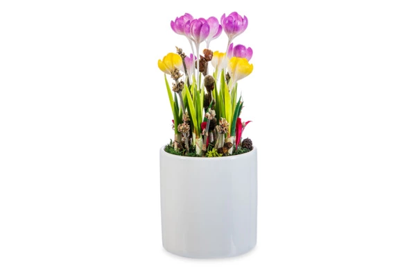 Крокусы из холодного фарфора, 9 шт, в белом керамическом кашпо
