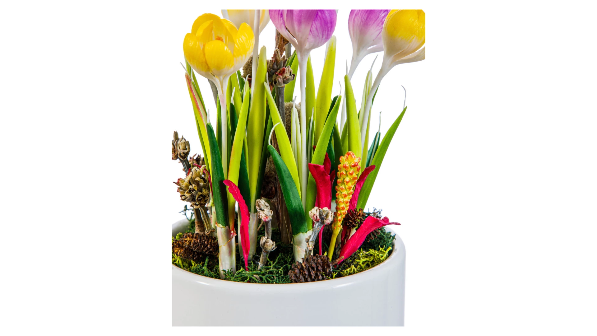 Крокусы из холодного фарфора, 9 шт, в белом керамическом кашпо