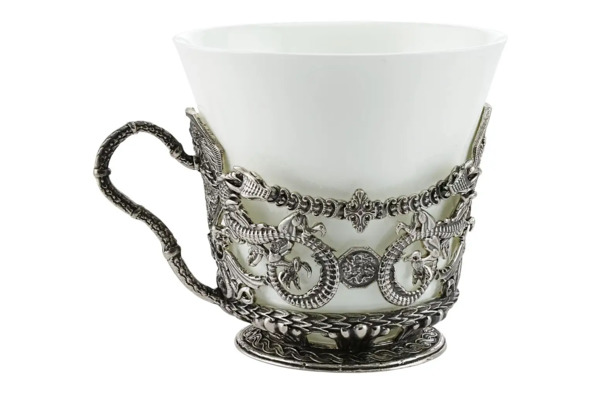 Чашка чайнaя Кольчугинский мельхиор Дракон, латунь, никелированная с чернью