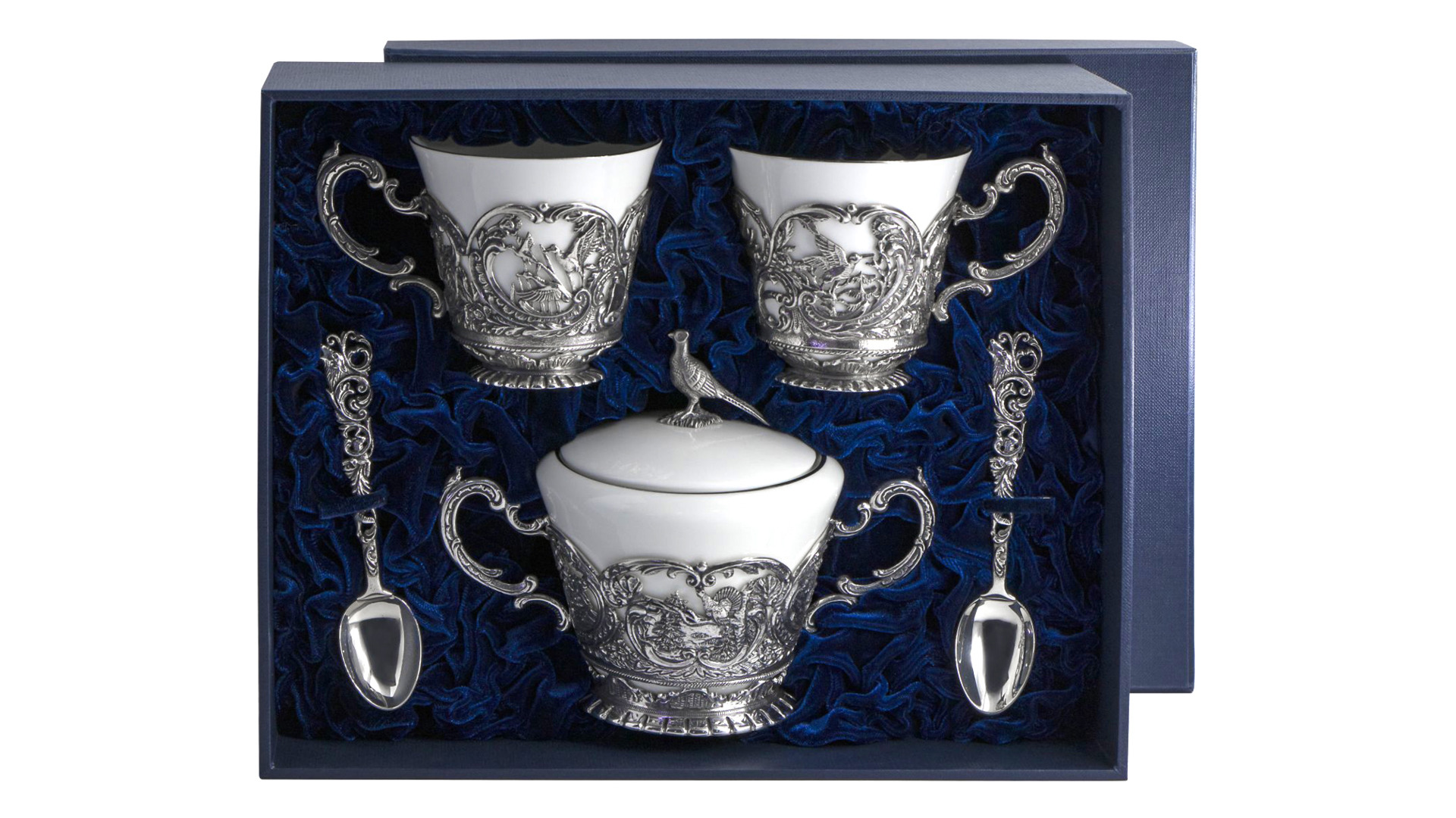 Набор для чая в футляре Аргента Королевская охота 5 предметов 714,22 г, серебро 925