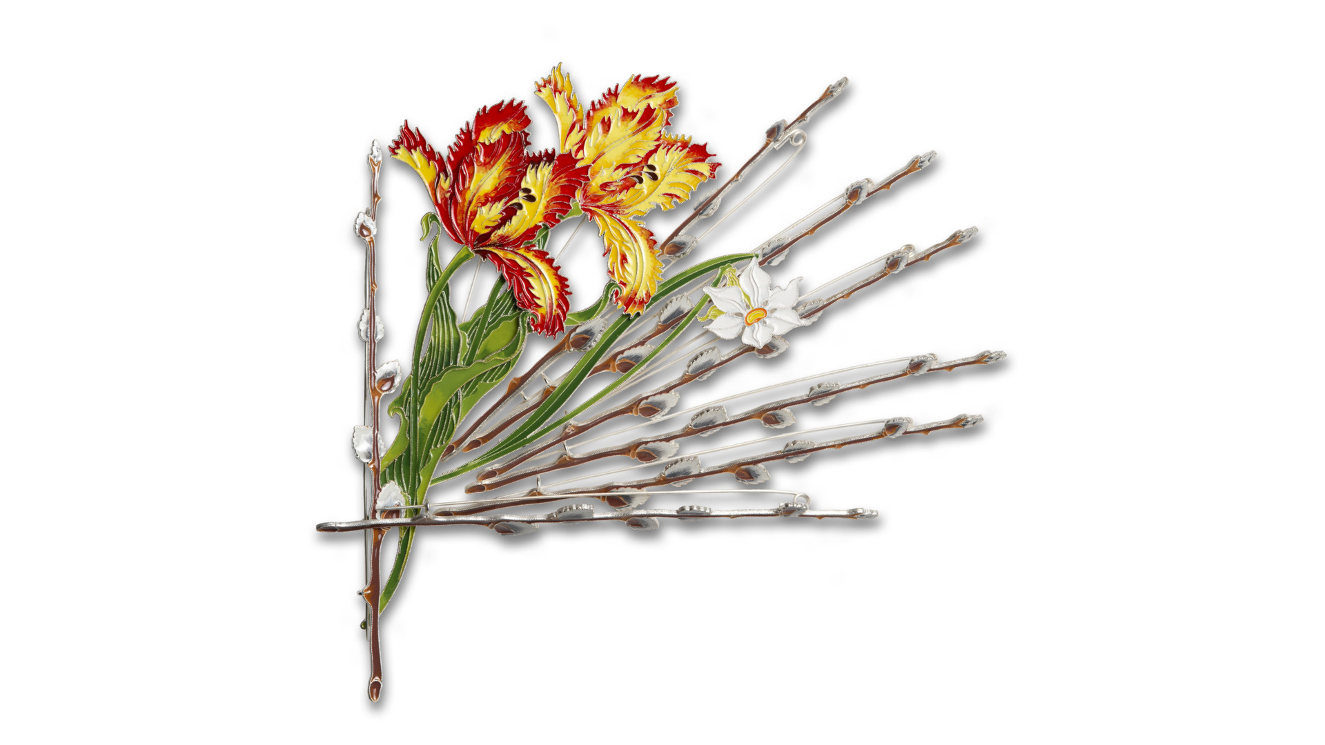 Брошь Русские самоцветы Елагинский тюльпан 41,04 г, серебро 925