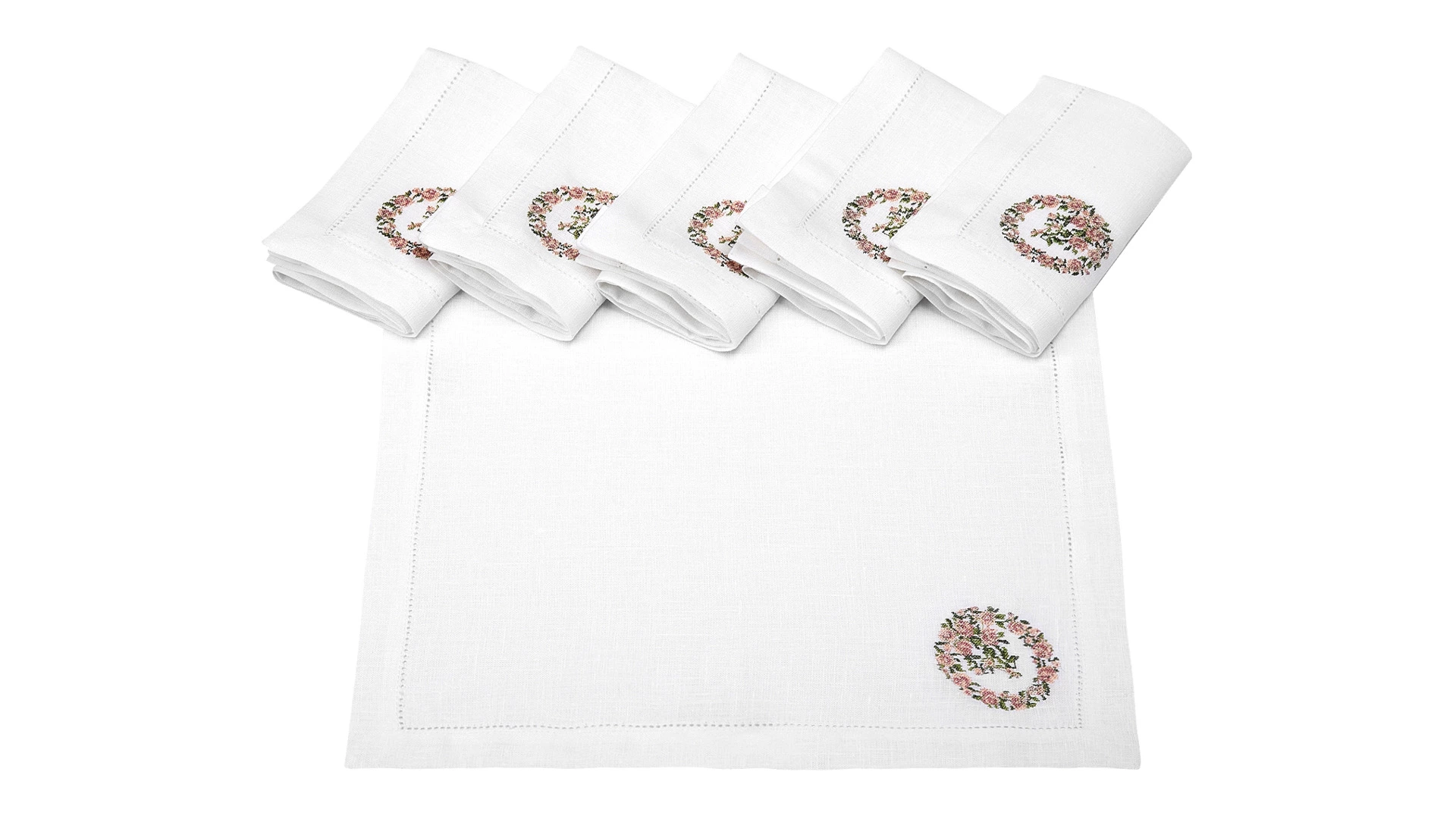 Набор салфеток сервировочных Венизное кружево Розовый венок 40х40 см, 6 шт, лен, белый, п/к