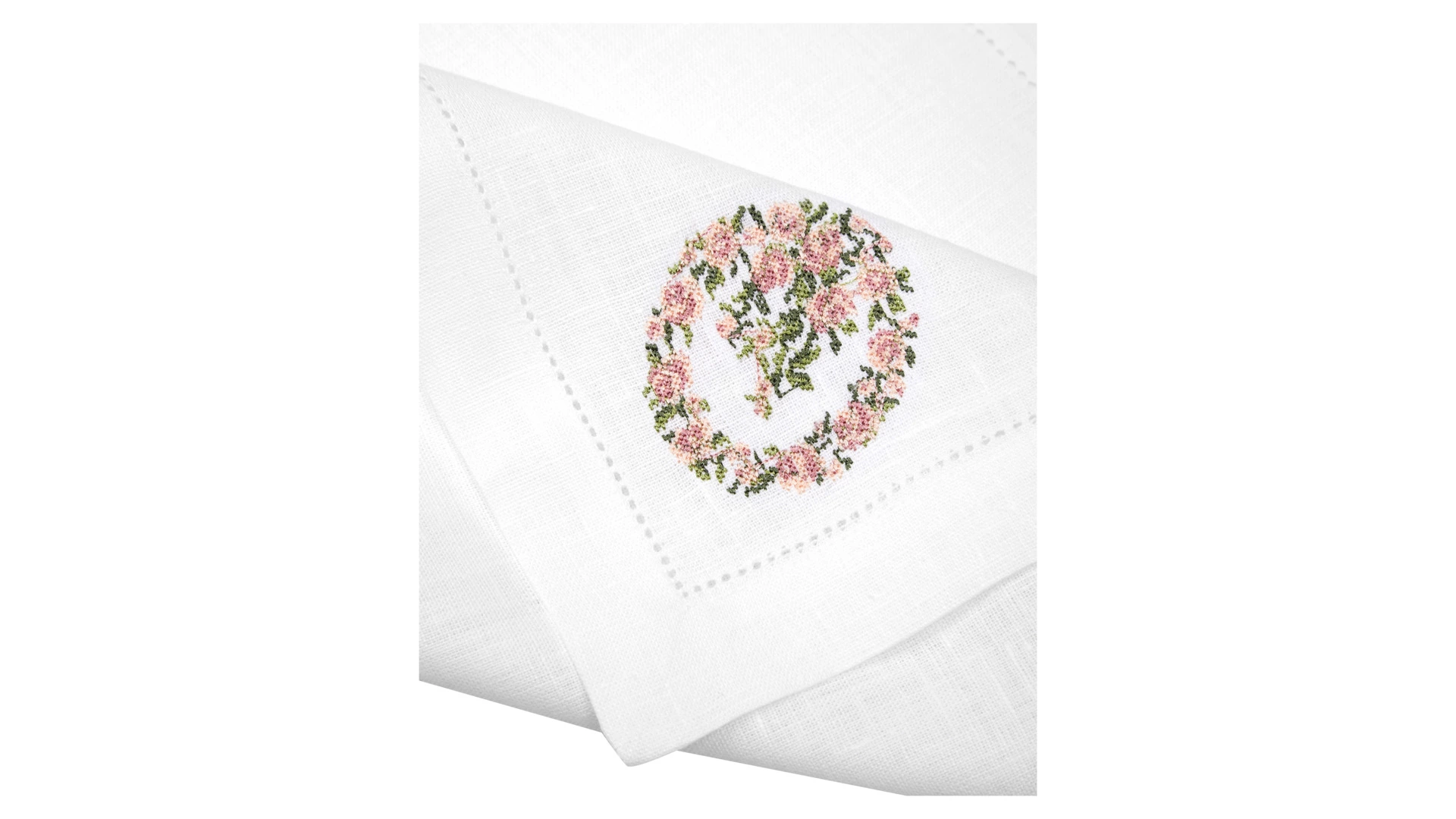Набор салфеток сервировочных Венизное кружево Розовый венок 40х40 см, 6 шт, лен, белый, п/к
