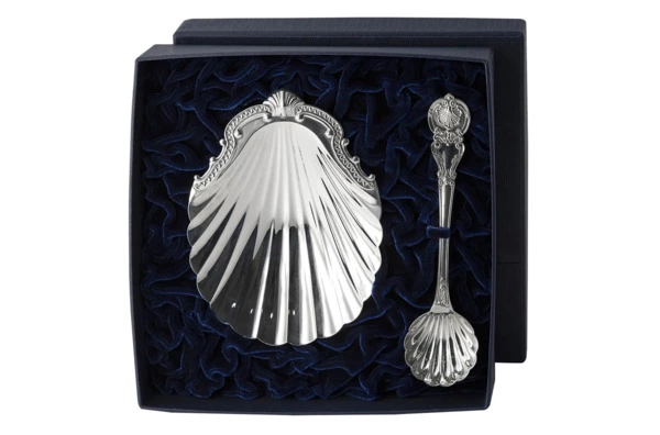 Икорница с ложкой в футляре АргентА Волна 135,7 г, 2 предмета, серебро 925