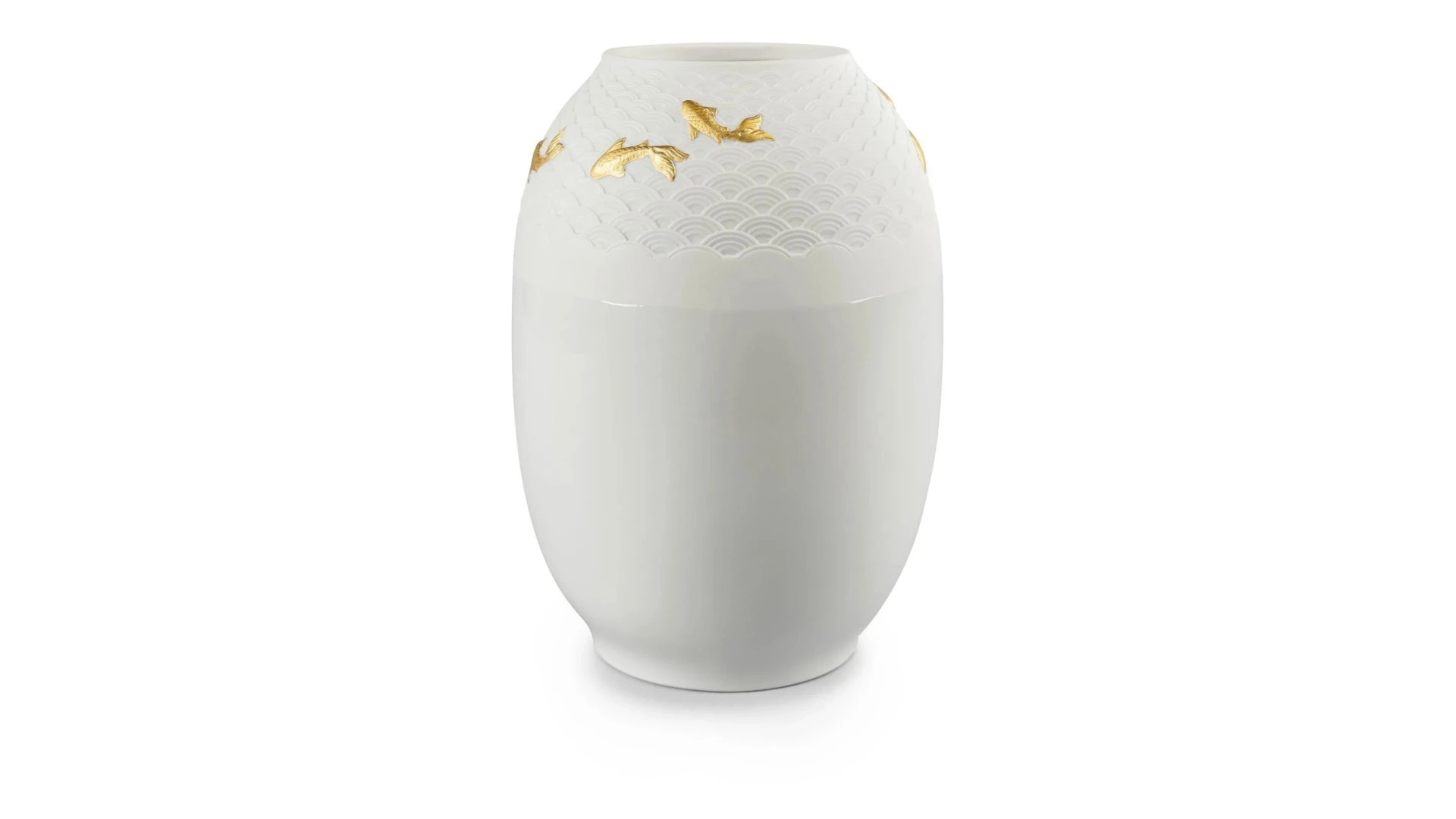 Ваза Lladro Кои 18х25 см, фарфор, золотой люстр, белая