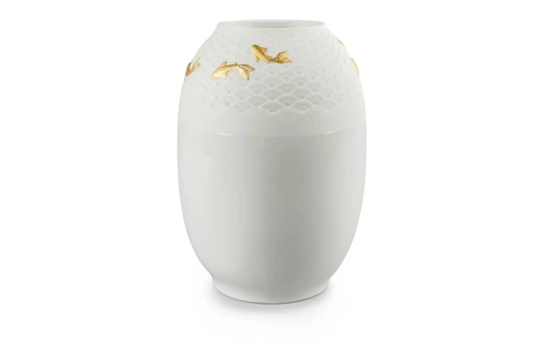 Ваза Lladro Кои 18х25 см, фарфор, золотой люстр, белая
