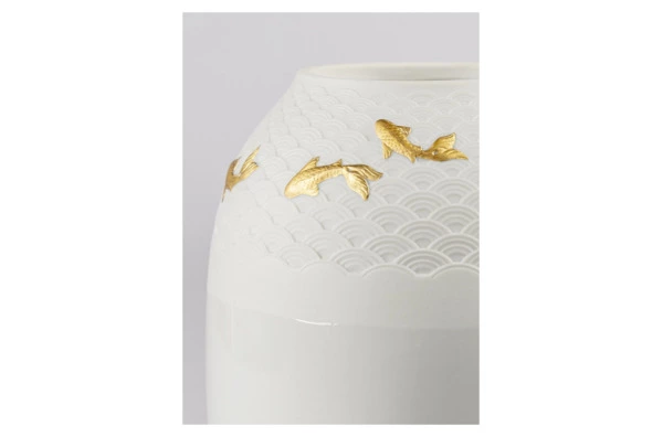 Ваза Lladro Кои 18х25 см, фарфор, золотой люстр, белая