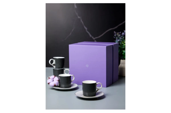 Набор чашек кофейных с блюдцами Decor de table Вола 100 мл, 4 шт, фарфор, платиновый кант, п/к