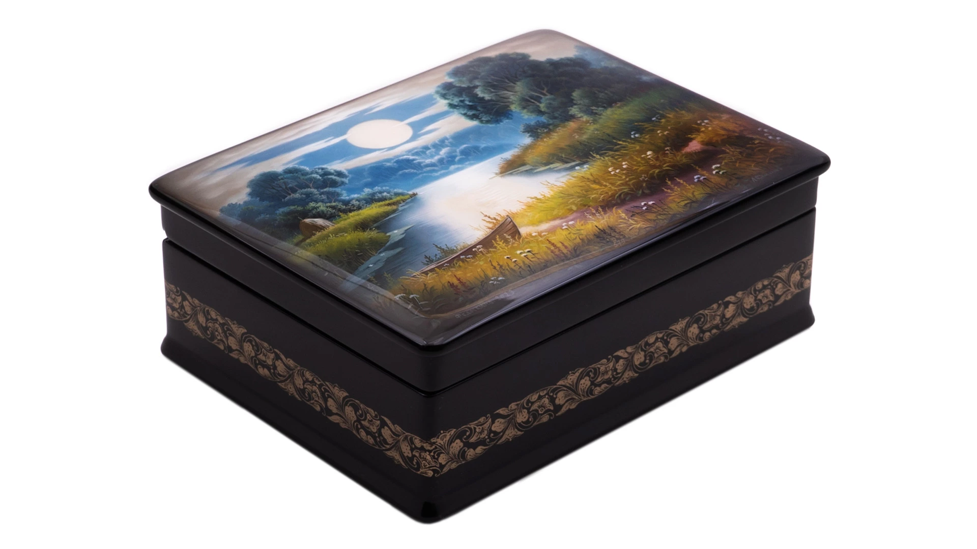 Шкатулка Федоскино Лунная ночь 18х14х5 см, папье-маше