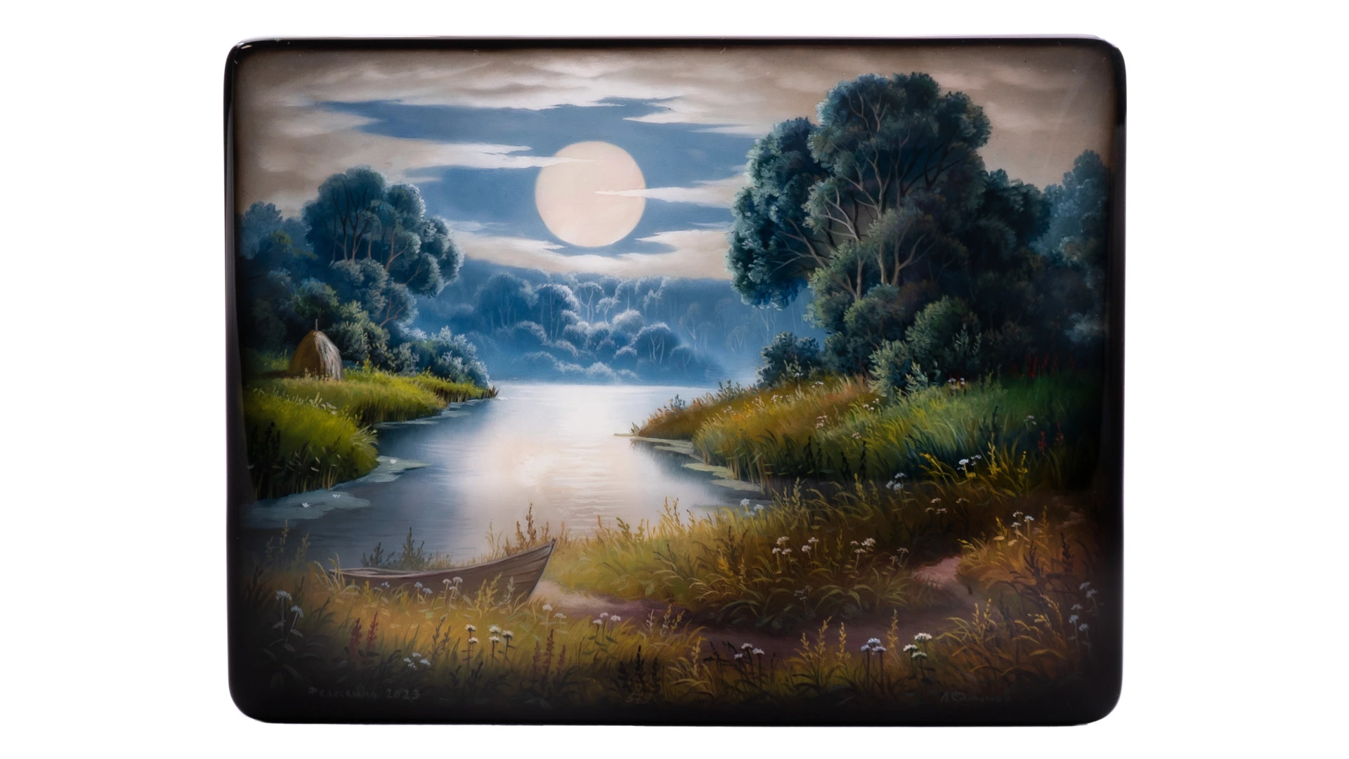 Шкатулка Федоскино Лунная ночь 18х14х5 см, папье-маше