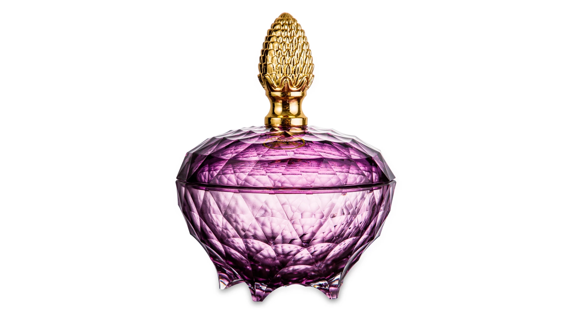 Конфетница с крышкой Cristal de Paris Каскад 15 см, h15 см, лиловая, ручка золотой бутон