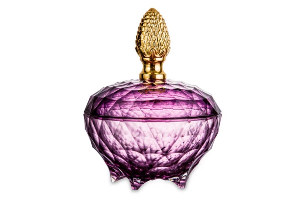 Конфетница с крышкой Cristal de Paris Каскад 15 см, h15 см, лиловая, ручка золотой бутон