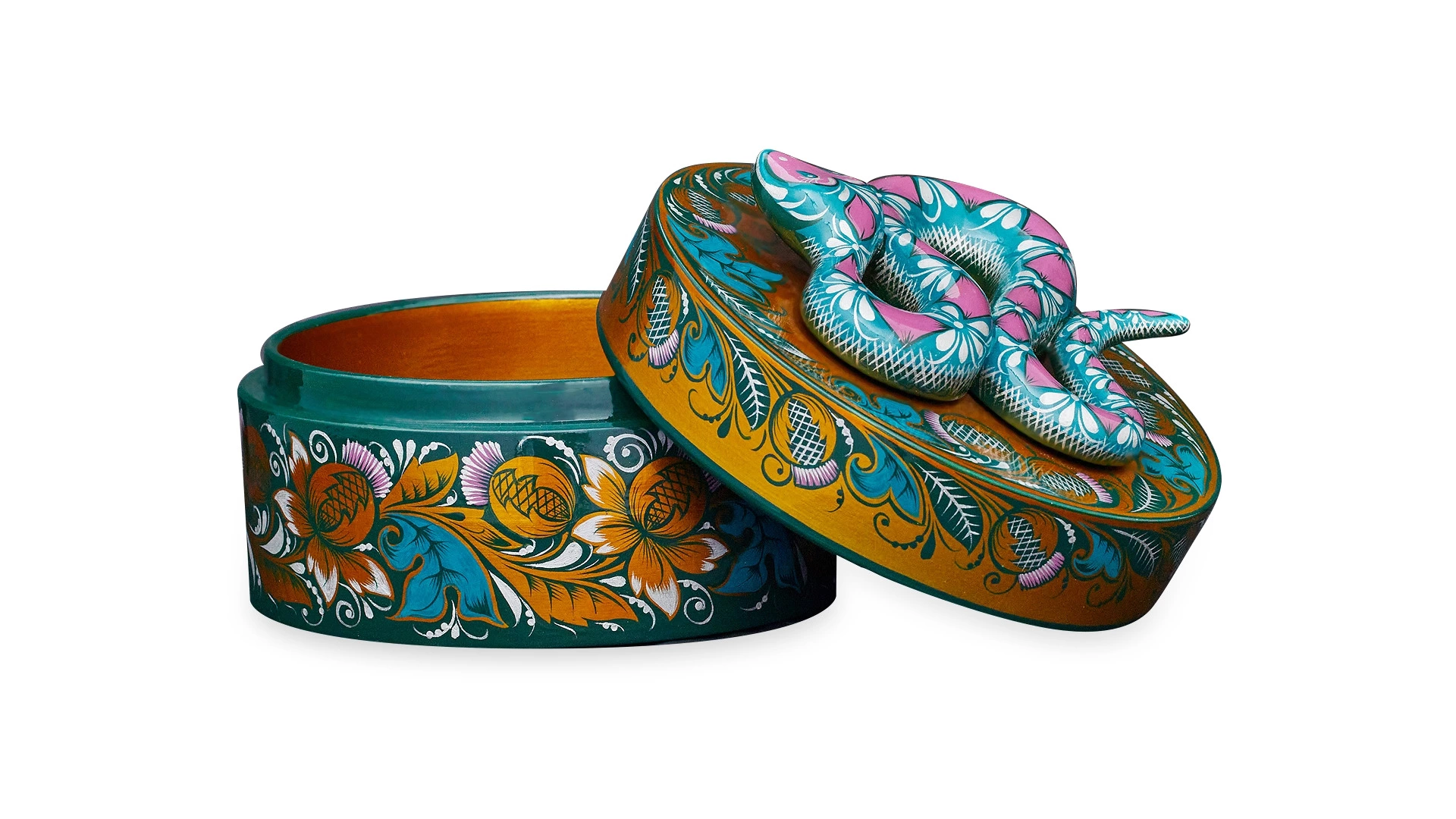 Шкатулка подарочная Золотая Хохлома Змея 14х8 см, дерево