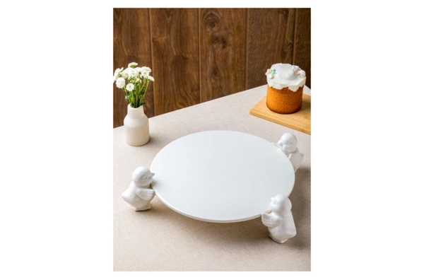 Блюдо для торта круглое Decor de table Цыплята 31 см, керамика, белое