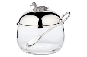 Банка для меда с ложкой Edzard Уточка 320 г, d9хh10 см, посеребрение, стекло