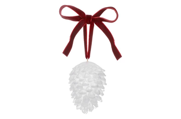 Украшение Shirokov Шишка 8 см, белое, хрустальное тесто, бордовая лента, п/к