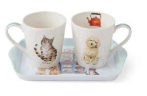 Набор из 2 кружек 180 мл на подносе Pimpernel Забавная фауна Деревенская кухня 20х18 см, 2 шт